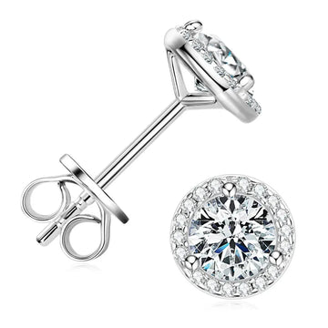 Moissanite halo stud earring in 925 sterling silver with a white gold finish showing the butterfly back and side profile with a cubic zirconia halo - Sensitive Stones