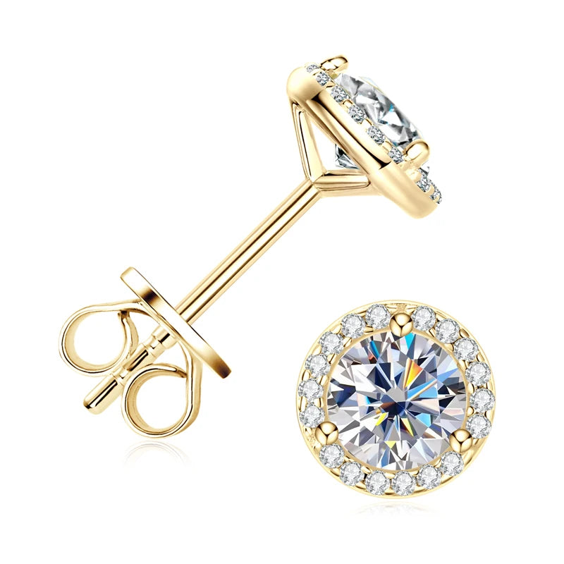 Moissanite halo stud earring in 925 sterling silver with a yellow gold finish showing the butterfly back and side profile with a cubic zirconia halo - Sensitive Stones
