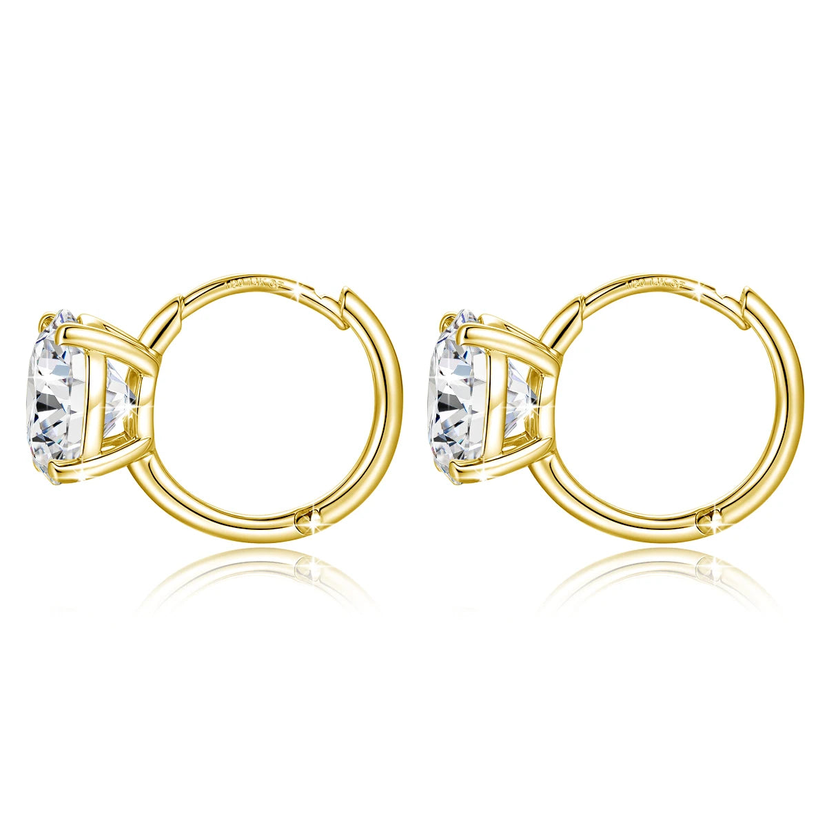 Sideview of 14K gold filled moissanite huggie hoop earrings with D VVS1 stones and hinged clasp - Sensitive Stones