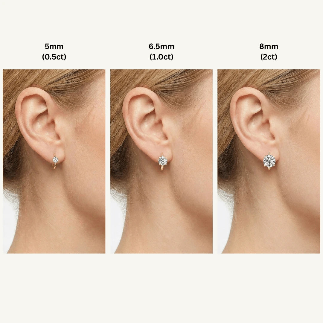 Gold filled moissanite huggie hoop earrings size comparison - 5mm, 6.5mm, 8mm on ear - Sensitive Stones