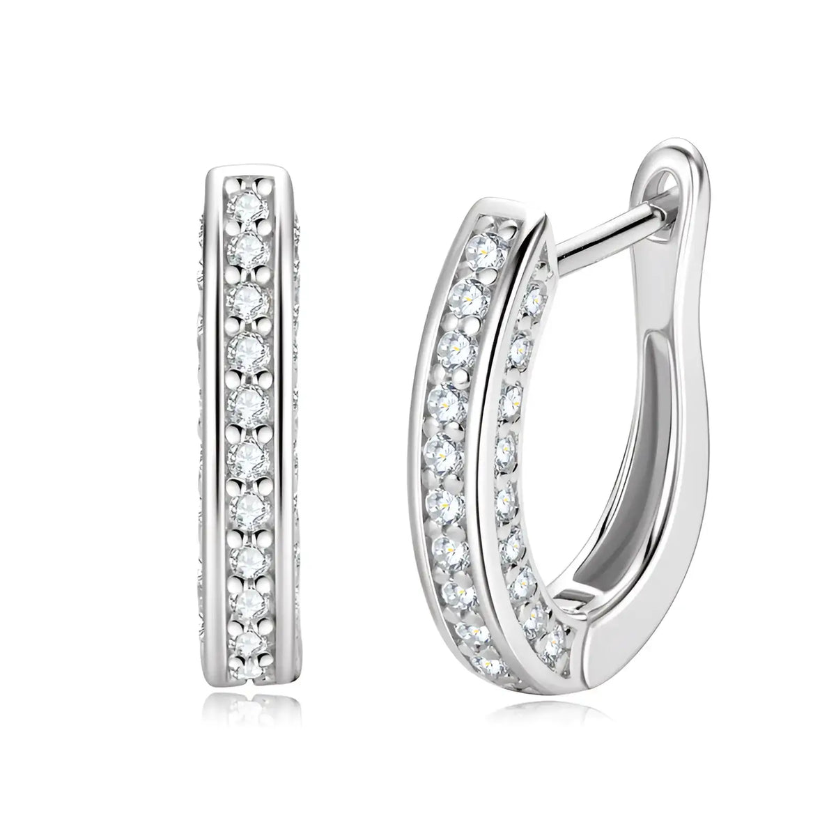 Moissanite huggie hoop earrings in 925 sterling silver with a white gold finish showing the front face and side profile with pave rows of stones - Sensitive Stones