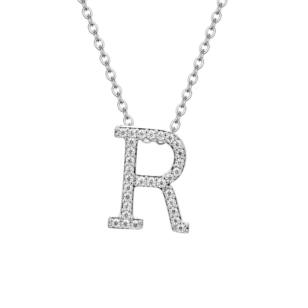 Moissanite Initial Necklace - 18K Gold-Plated Silver Letter Pendant R - Sensitive Stones