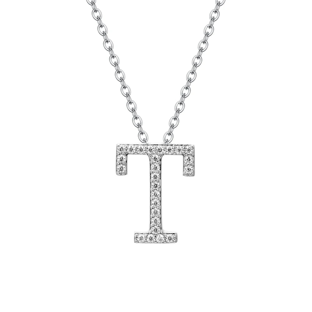 Moissanite Initial Necklace - 18K Gold-Plated Silver Letter Pendant T - Sensitive Stones