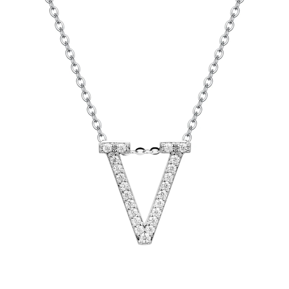 Moissanite Initial Necklace - 18K Gold-Plated Silver Letter Pendant V - Sensitive Stones