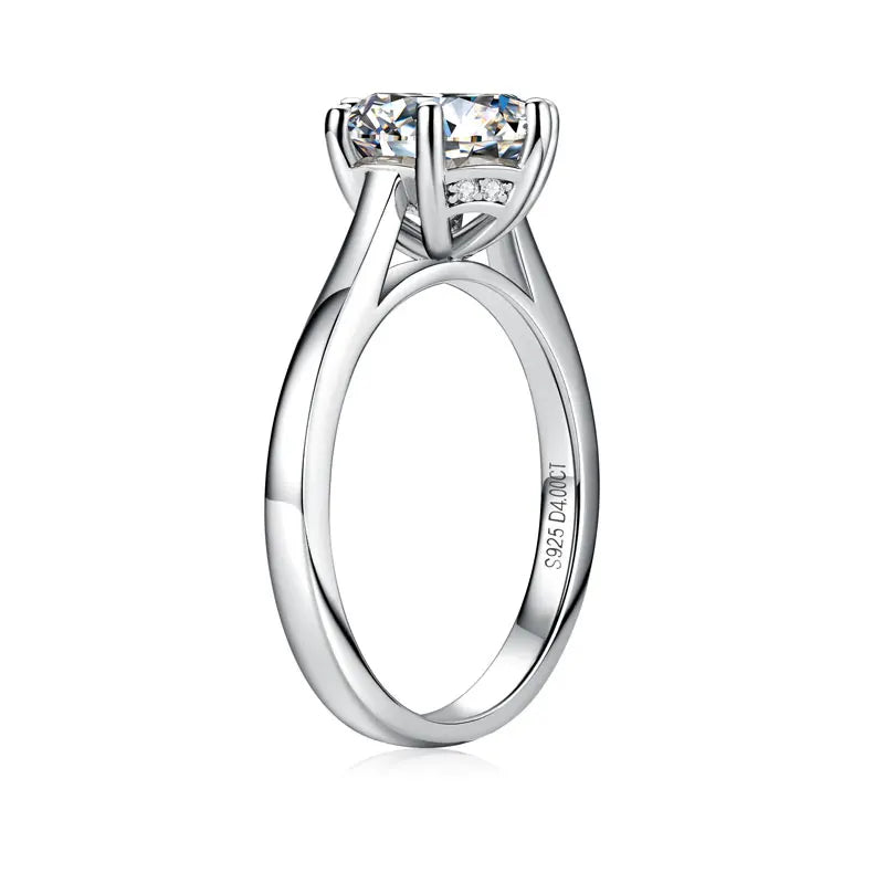 Hearts and arrows cut moissanite ring showing 6-prong basket setting - Sensitive Stones