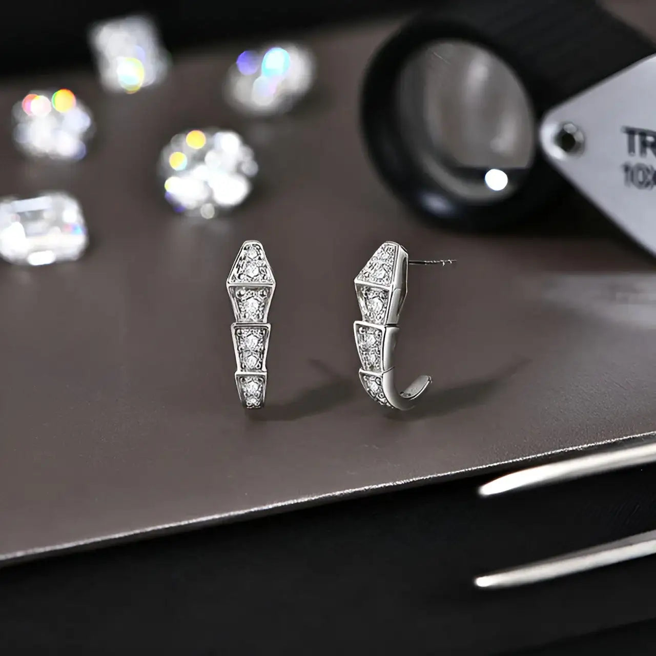 Moissanite serpent spine stud earrings in sterling silver with diamond-like brilliance, elegant quiet luxury design – Sensitive Stones
