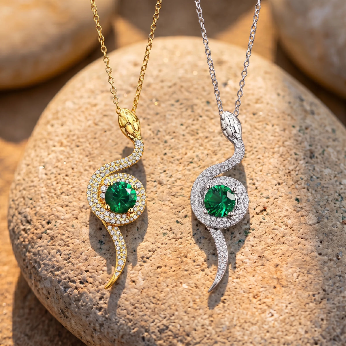 Moissanite serpent's eye pendant necklaces in white gold and yellow gold finishes side by side on a stone, each with a round lab-created emerald center stone - Sensitive Stones