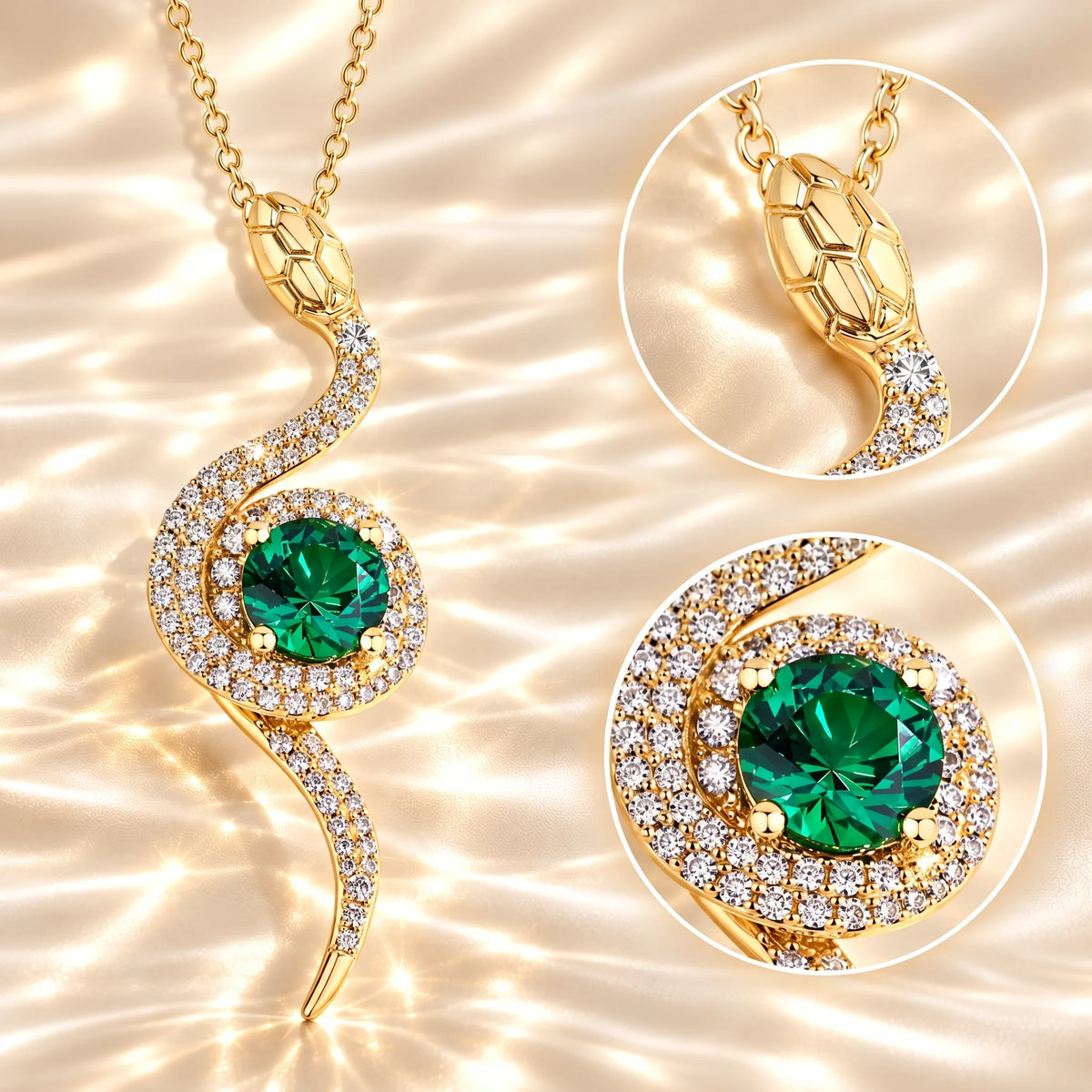 Moissanite serpent's eye pendant in a yellow gold finish with close-ups of the textured snake head and the pavé halo around the round lab-created emerald center stone - Sensitive Stones