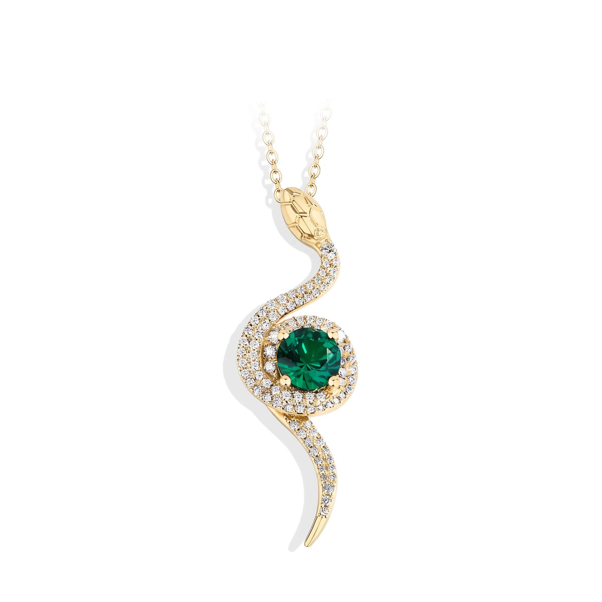 Moissanite serpent's eye pendant in 925 sterling silver with a yellow gold finish, an S-shaped pavé serpent curled around a halo-set round lab-created emerald center stone, on a white background - Sensitive Stones