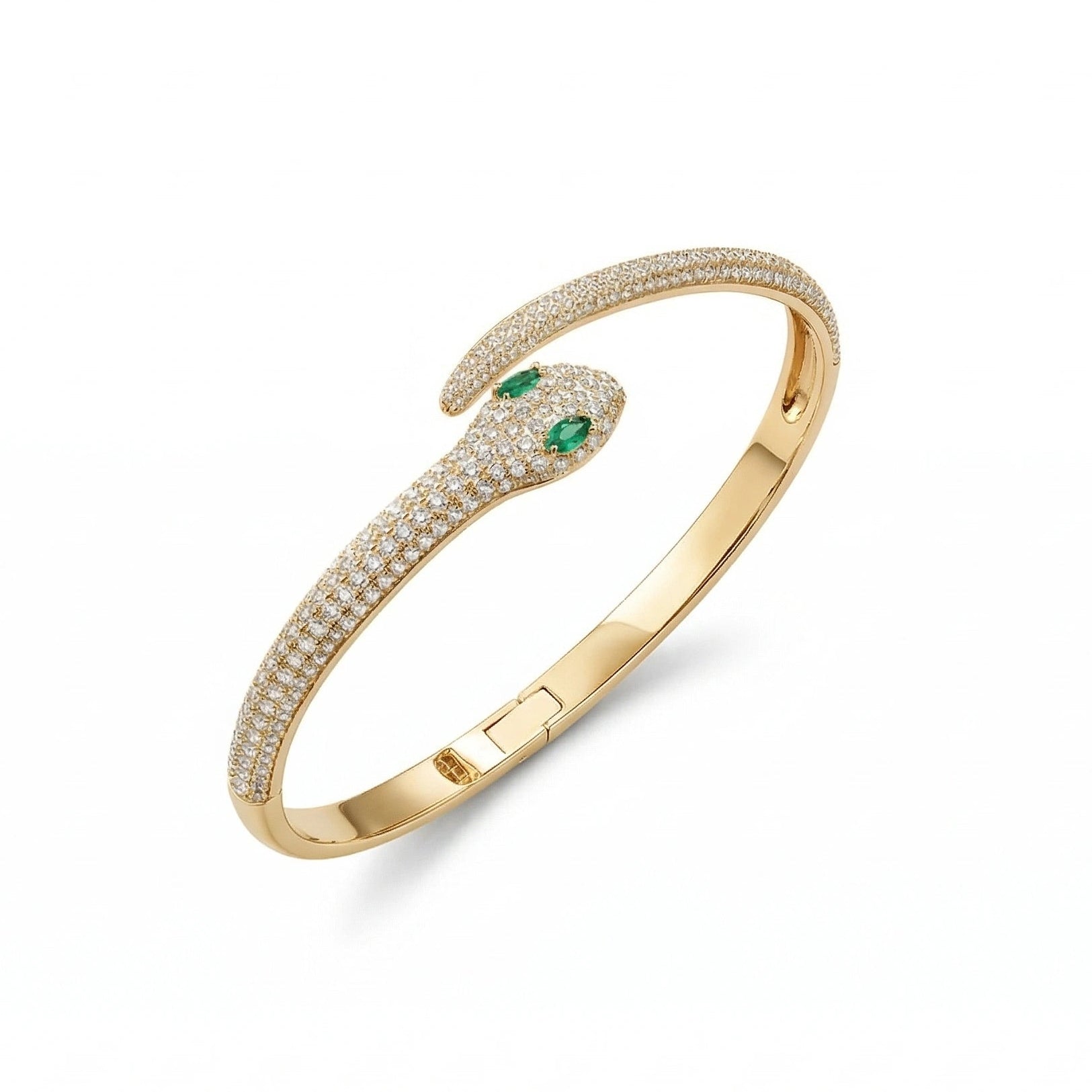 Moissanite snake bracelet set in 925 silver and 18k gold plating with lab-emerald eyes on a white background - Sensitive Stones