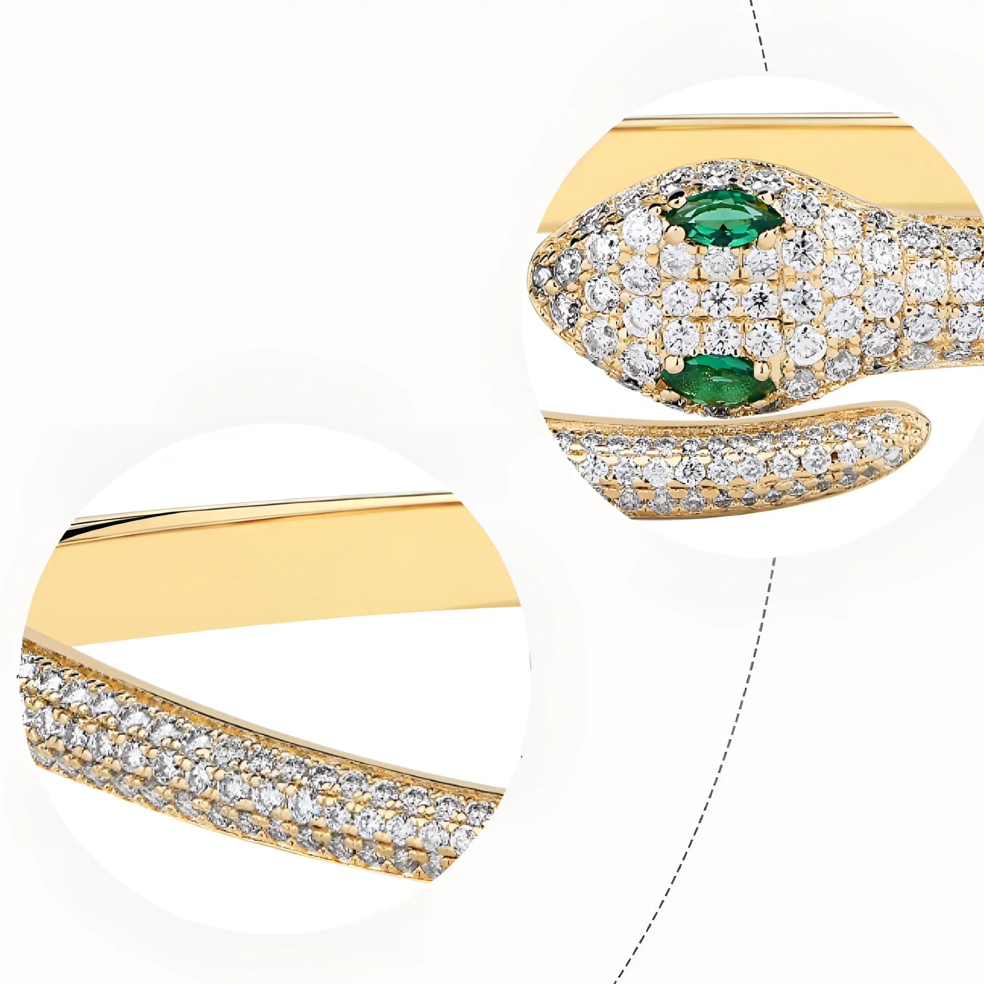 Gold moissanite snake bracelet with pavé stones and green nano eyes | Sensitive Stones