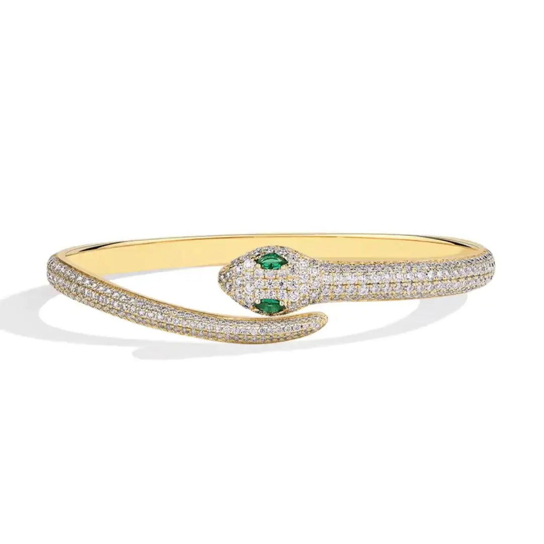 Gold plated moissanite snake cuff bracelet with green nano accents – Sensitive Stones