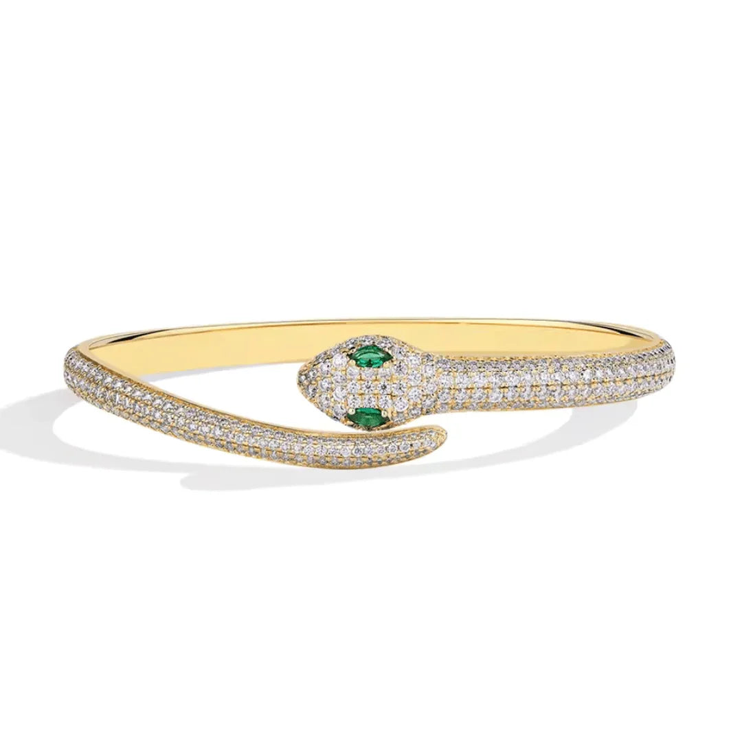 Gold moissanite snake bracelet with marquise-cut green nano gemstones | Sensitive Stones