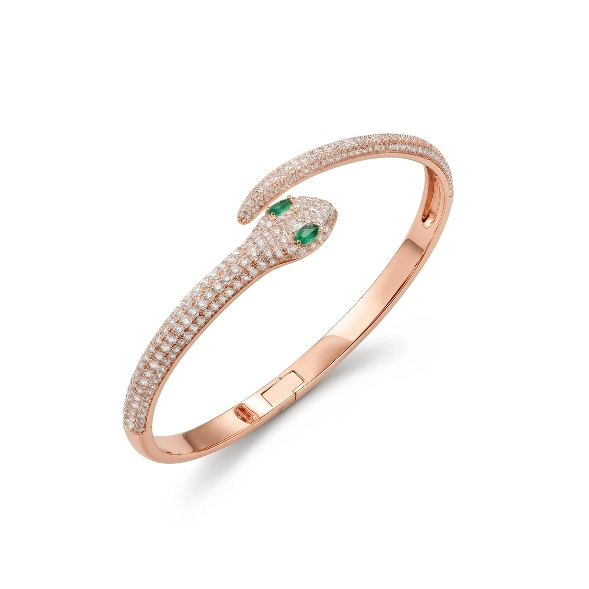 Moissanite snake bracelet in 925 sterling silver with a rose gold finish, a pavé serpent hinged bangle with green lab-created emerald eyes, on a white background - Sensitive Stones