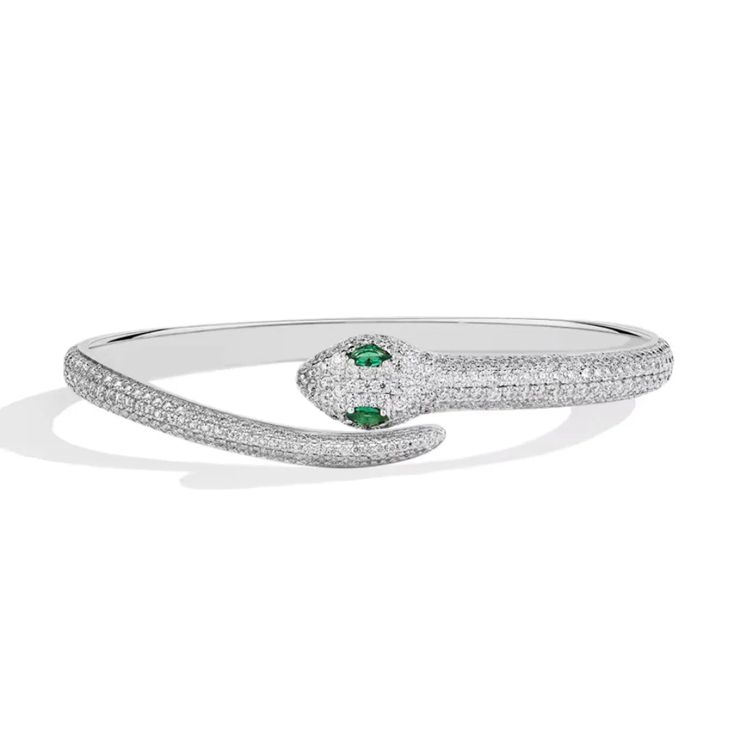 925 sterling silver moissanite snake bracelet with D color VVS1 stones and green nano accents | Sensitive Stones