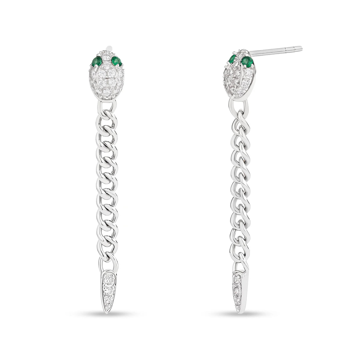 Moissanite snake chain drop earrings in 925 sterling silver with a white gold finish, a pavé serpent head with green marquise lab-created emerald eyes on a curb chain, on a white background - Sensitive Stones