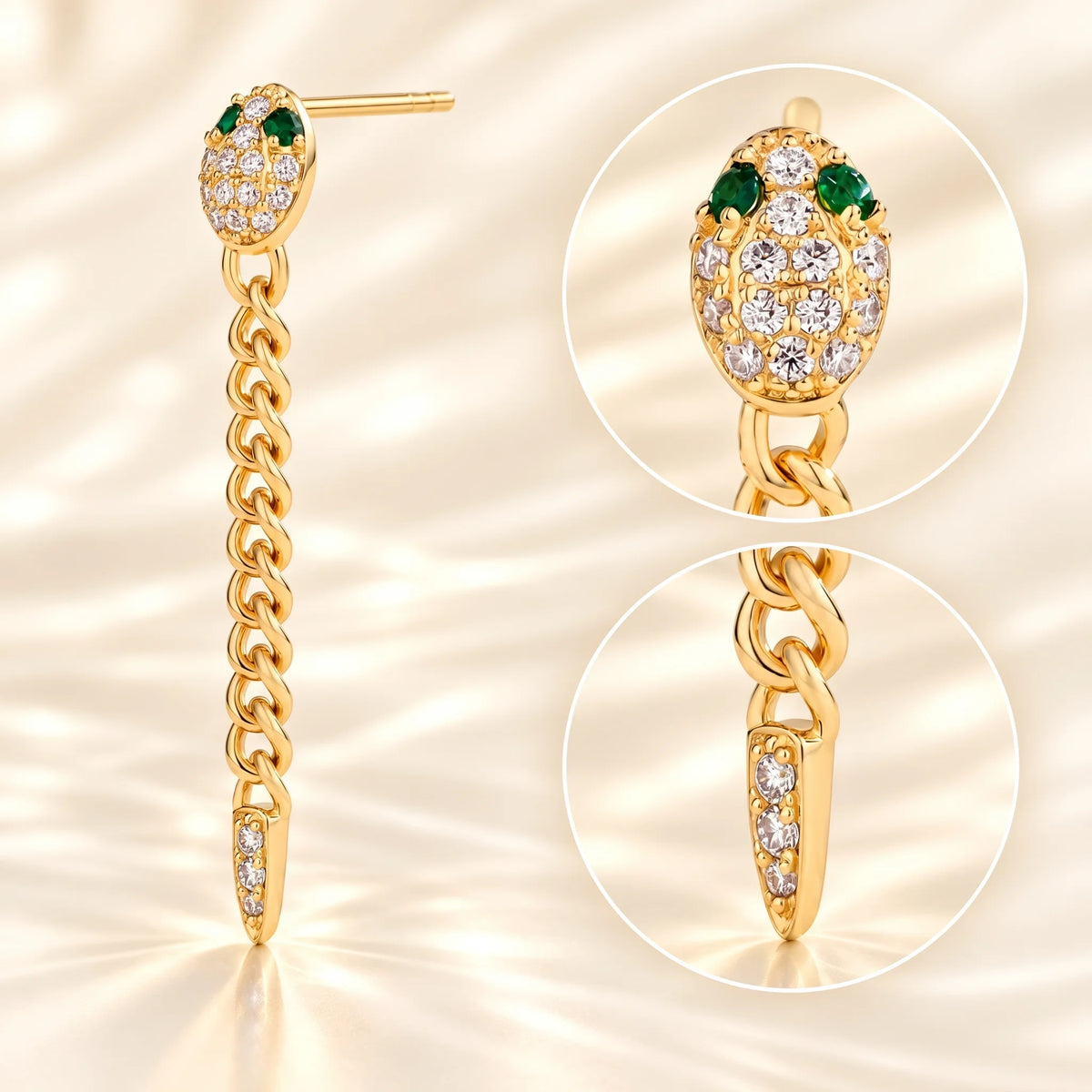 Moissanite snake chain drop earring in a yellow gold finish with close-ups of the pavé serpent head, green lab-created emerald eyes and pavé tail - Sensitive Stones