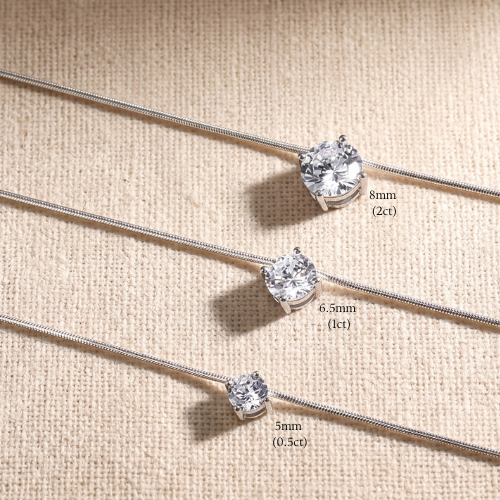 Moissanite snake chain necklace size guide showing 5mm, 6.5mm and 8mm stones - Sensitive Stones