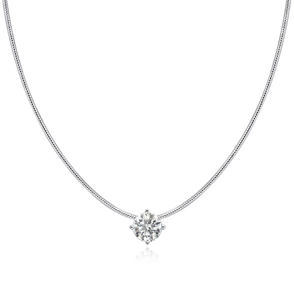 Moissanite snake chain necklace in 925 sterling silver with round solitaire pendant, white gold - Sensitive Stones