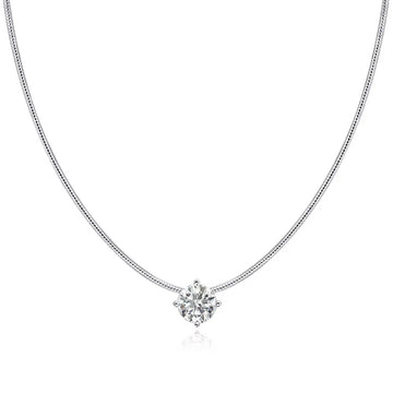 Moissanite snake chain necklace in 925 sterling silver with round solitaire pendant, white gold - Sensitive Stones
