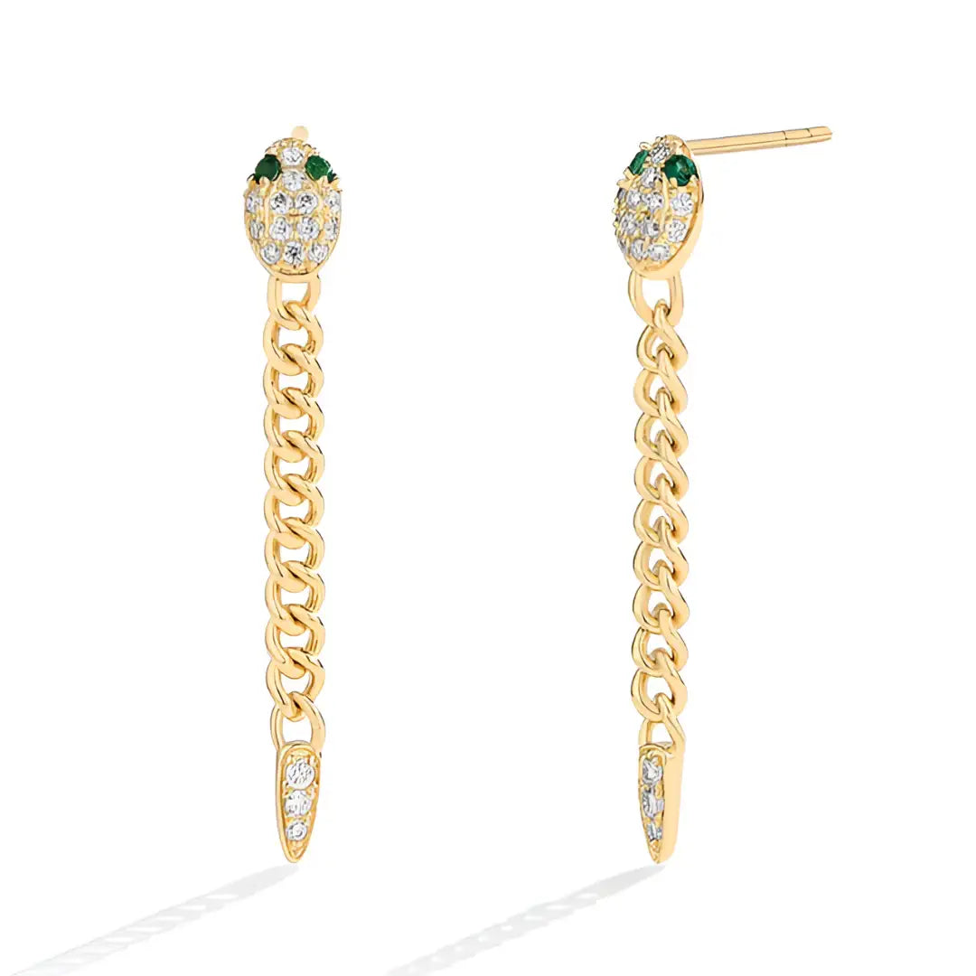 Moissanite snake chain drop earrings with green gemstones set in sterling silver with yellow gold plating on a white background - Sensitive Stones