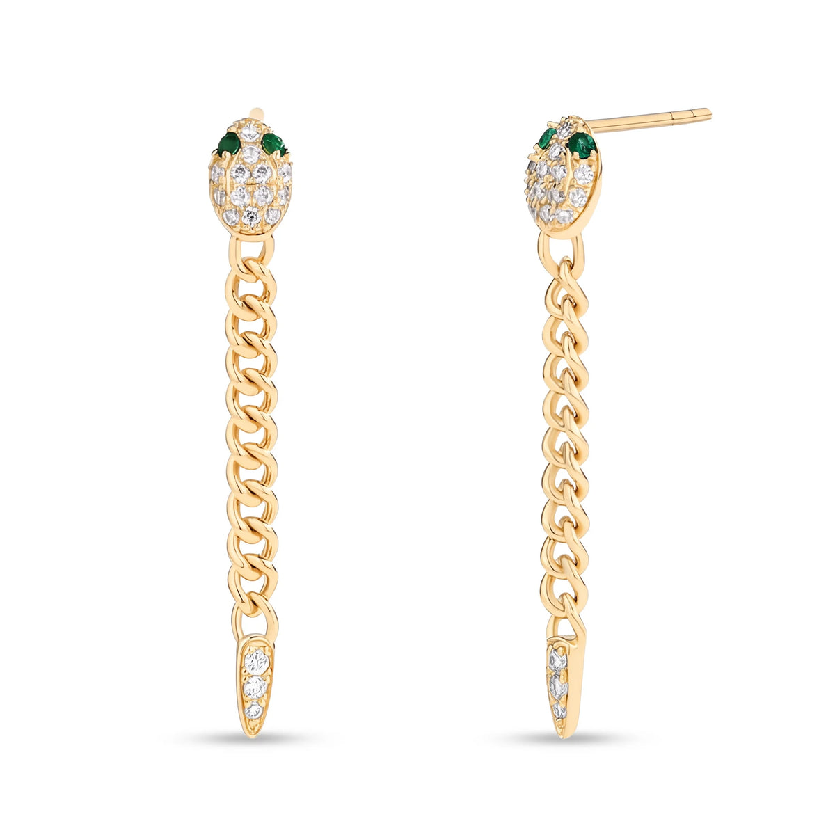Moissanite snake chain drop earrings in 925 sterling silver with a yellow gold finish, a pavé serpent head with green marquise lab-created emerald eyes on a curb chain, on a white background - Sensitive Stones