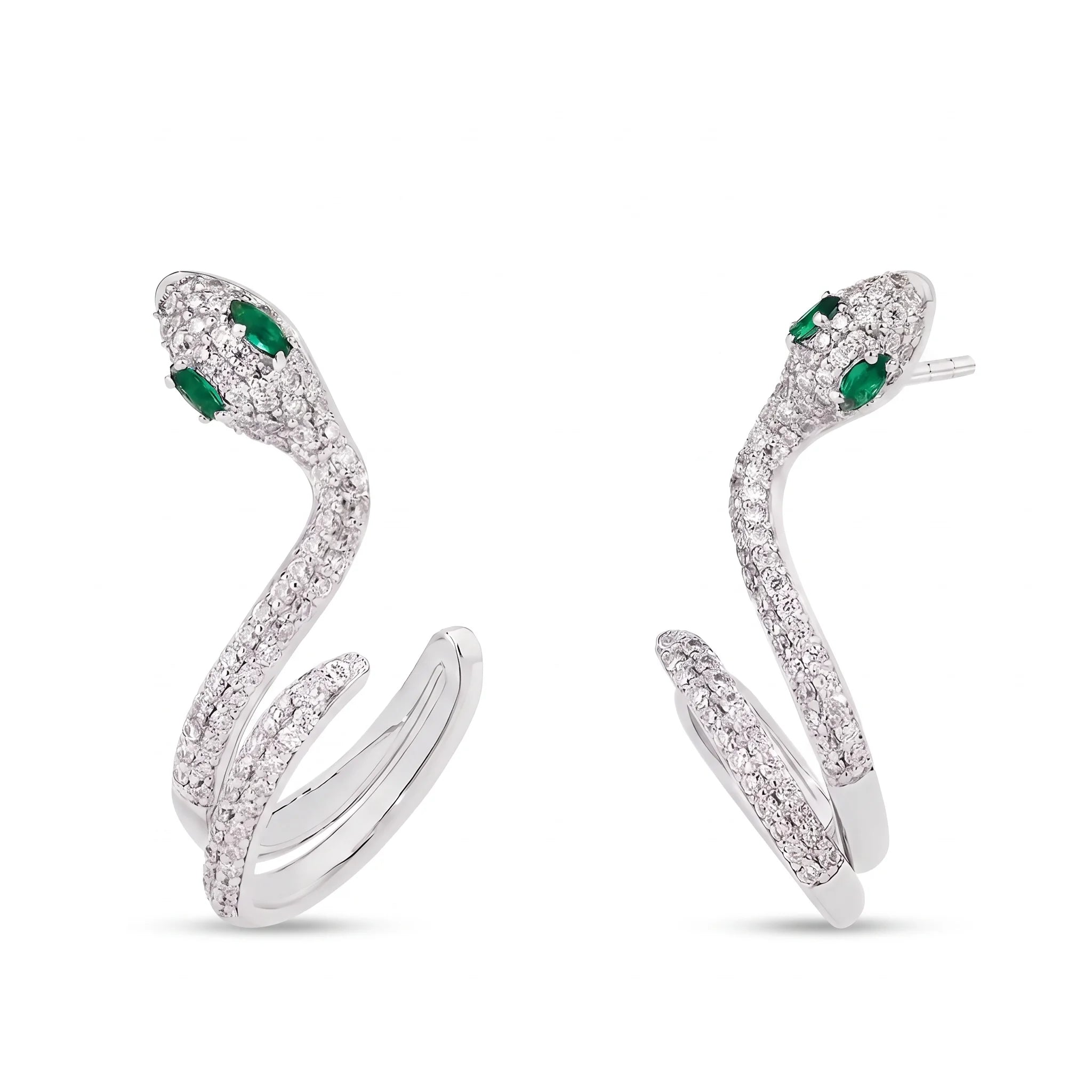Moissanite snake ear climber earrings in 925 sterling silver with a white gold finish, pavé moissanite and green marquise lab-created emerald eyes, on a white background - Sensitive Stones