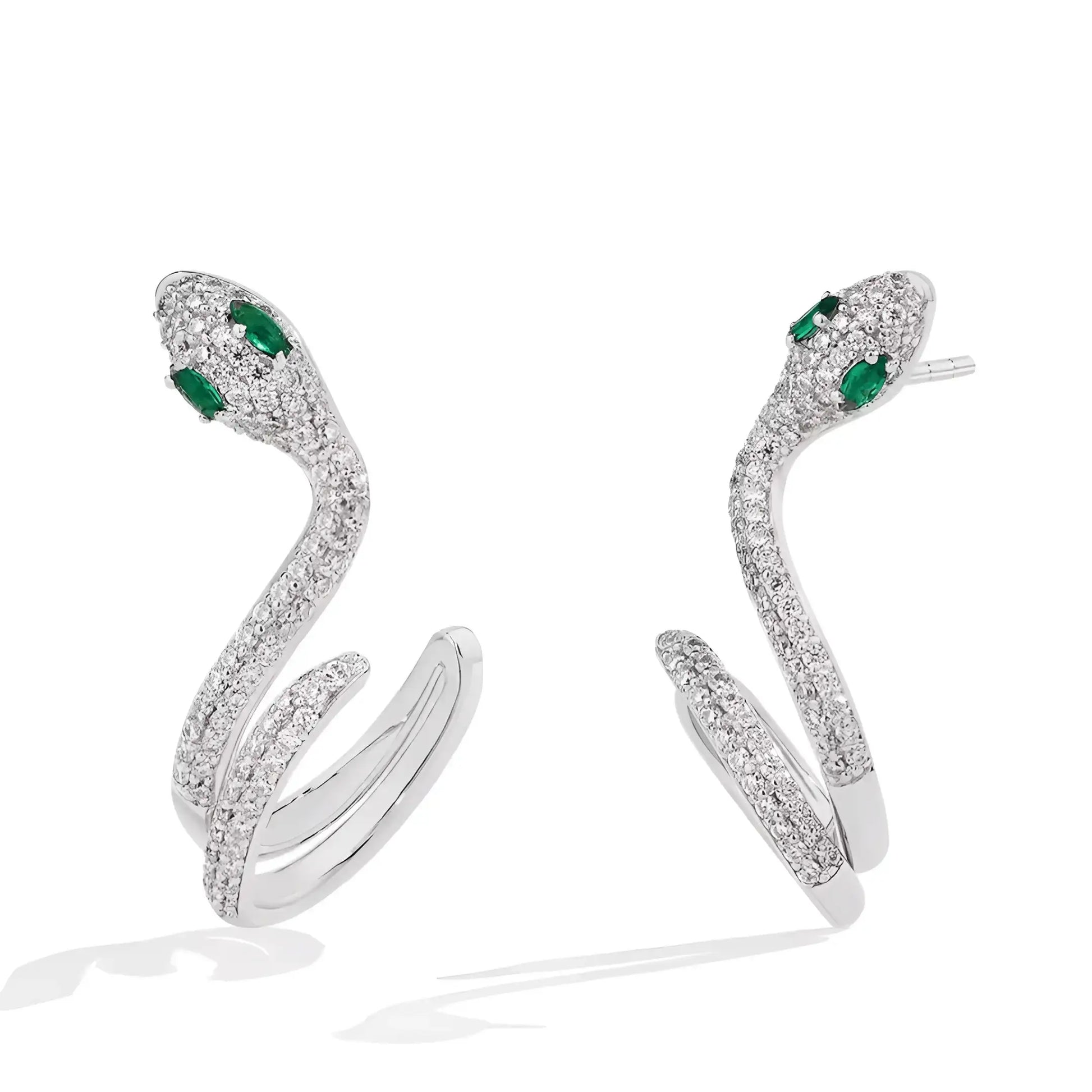Sterling silver snake climber earrings with full moissanite stone coverage and green nano gemstone eyes, showing three-dimensional serpent design and refined detailing - Sensitive Stones