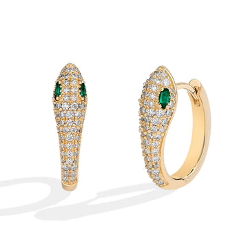 Detail view of moissanite snake hoop earrings in 18K gold, showcasing pave setting and lab emerald stones - Sensitive Stones 