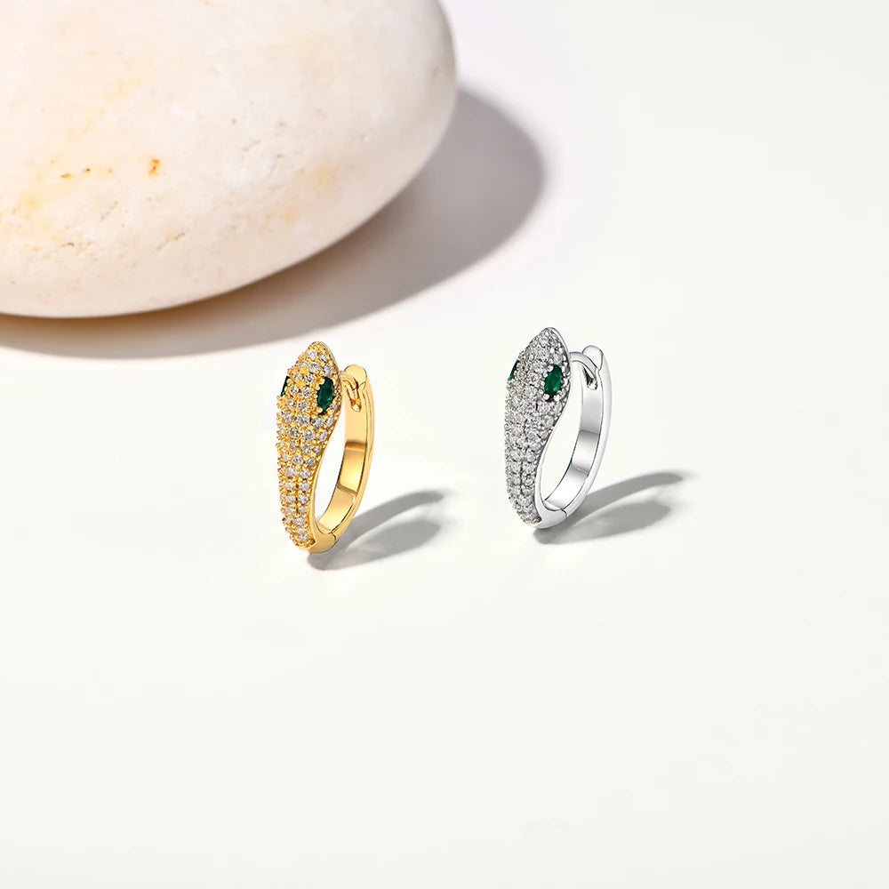 Moissanite snake hoop earrings available in 18K yellow gold and white gold plating with lab emerald accents - Sensitive Stones