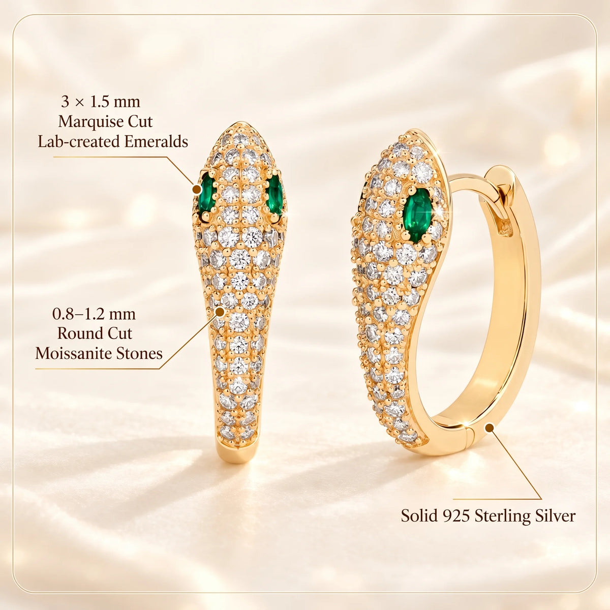Specification chart for the small moissanite snake hoop earrings showing 3x1.5mm marquise lab-created emerald eyes, 0.8-1.2mm round moissanite and solid 925 sterling silver - Sensitive Stones