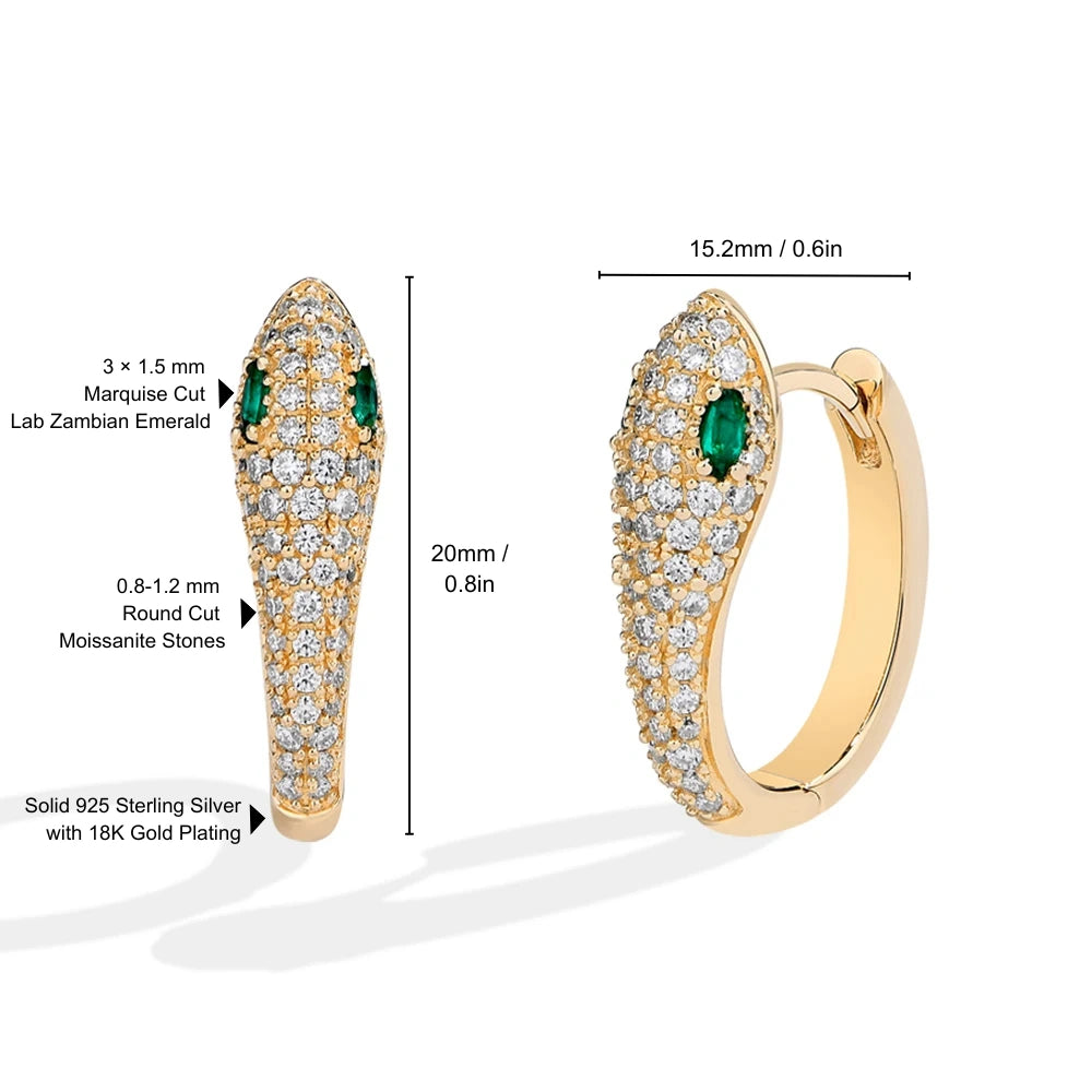 Moissanite snake hoop earrings specifications showing 925 sterling silver with 18k gold plating, lab emerald and moissanite stone details - Sensitive Stones