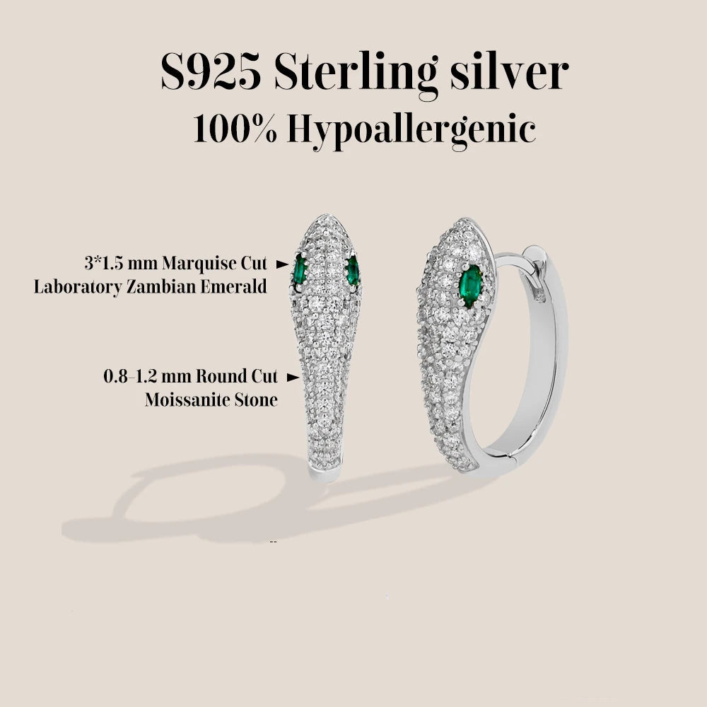 Moissanite snake hoop earrings specifications showing 925 sterling silver, hypoallergenic construction, lab emerald and moissanite stone details - Sensitive Stones