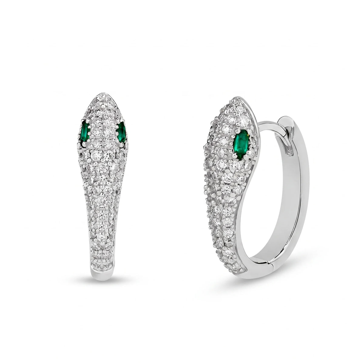 Small moissanite snake hoop earrings in 925 sterling silver with a white gold finish, a pavé serpent with green lab-created emerald eyes on a hinged hoop, on a white background - Sensitive Stones