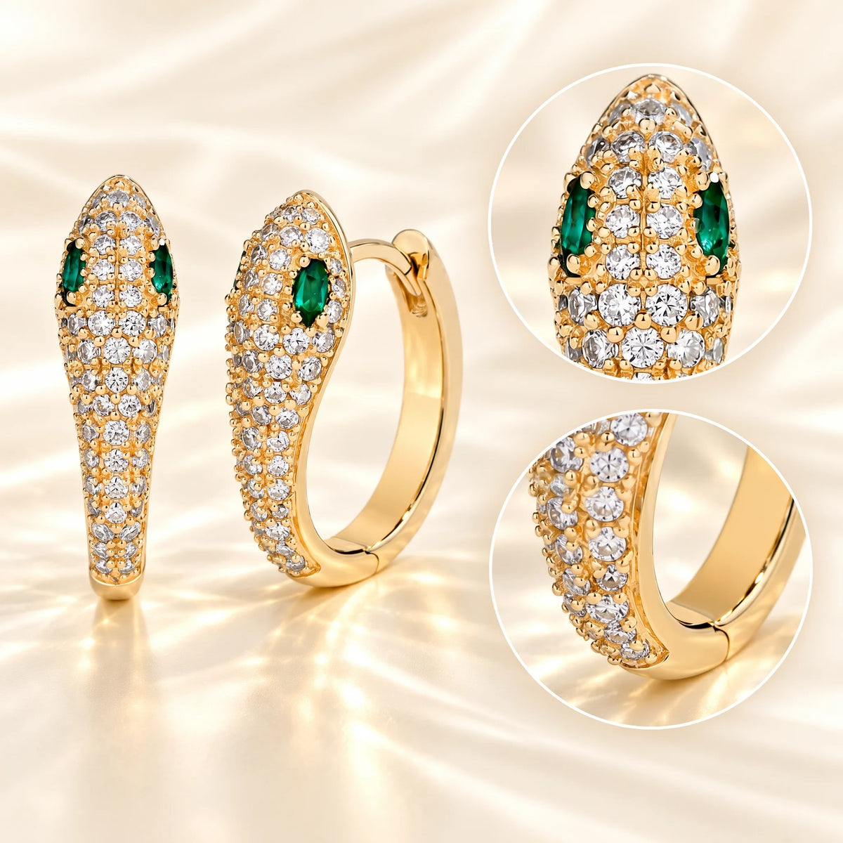Small moissanite snake hoop earrings in a yellow gold finish with close-ups of the pavé snake head, the green lab-created emerald eyes and the hinged hoop - Sensitive Stones