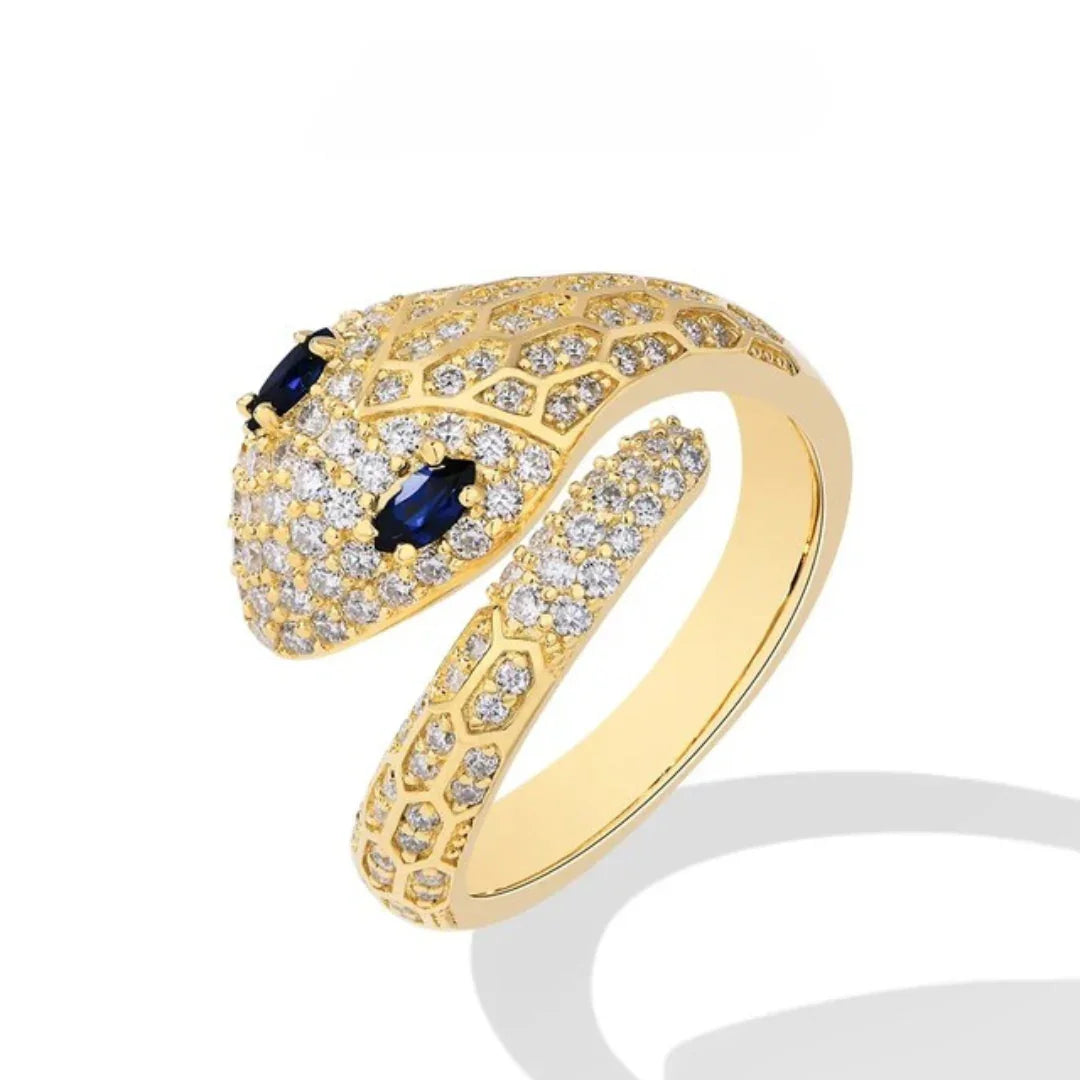 Yellow gold-plated moissanite snake ring with blue gemstone eyes in 925 sterling silver | Sensitive Stones