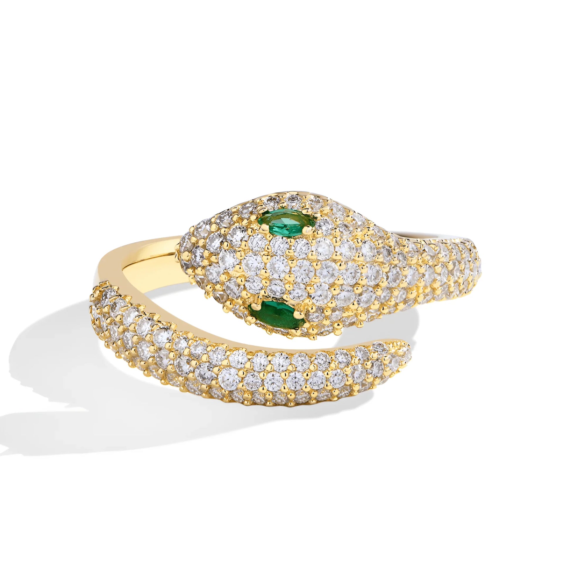 Gold moissanite snake ring with green gemstone eyes in 925 sterling silver | Sensitive Stones