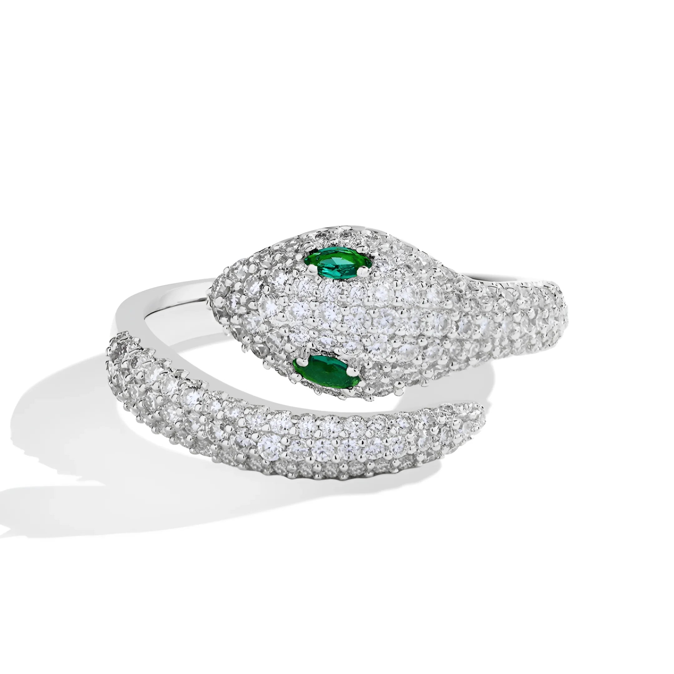 Silver moissanite snake ring with green gemstone eyes in 18K white gold plating | Sensitive Stones