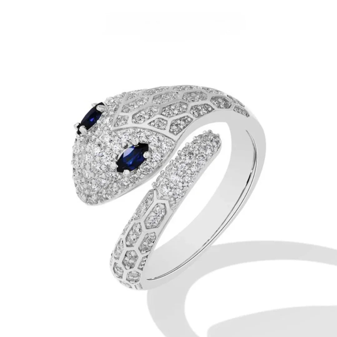 White Gold-plated moissanite snake ring with blue gemstone eyes in 925 sterling silver | Sensitive Stones