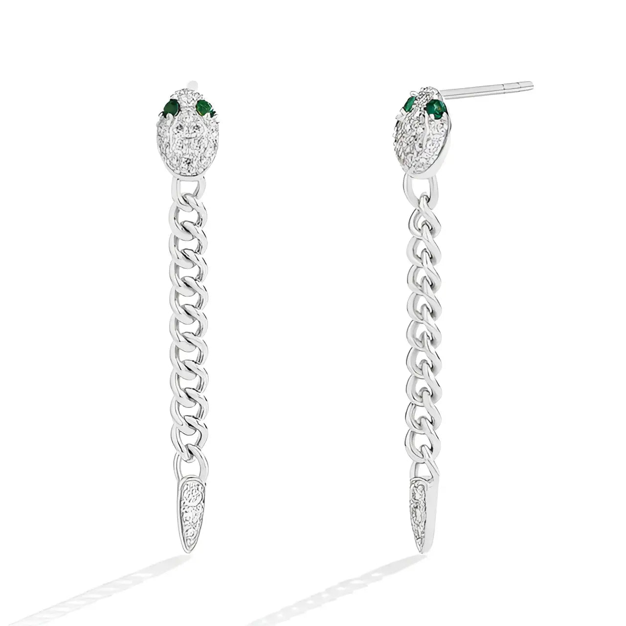 Moissanite snake chain earrings with green gemstones set in 925 silver with white gold plating on a white background - Sensitive Stones