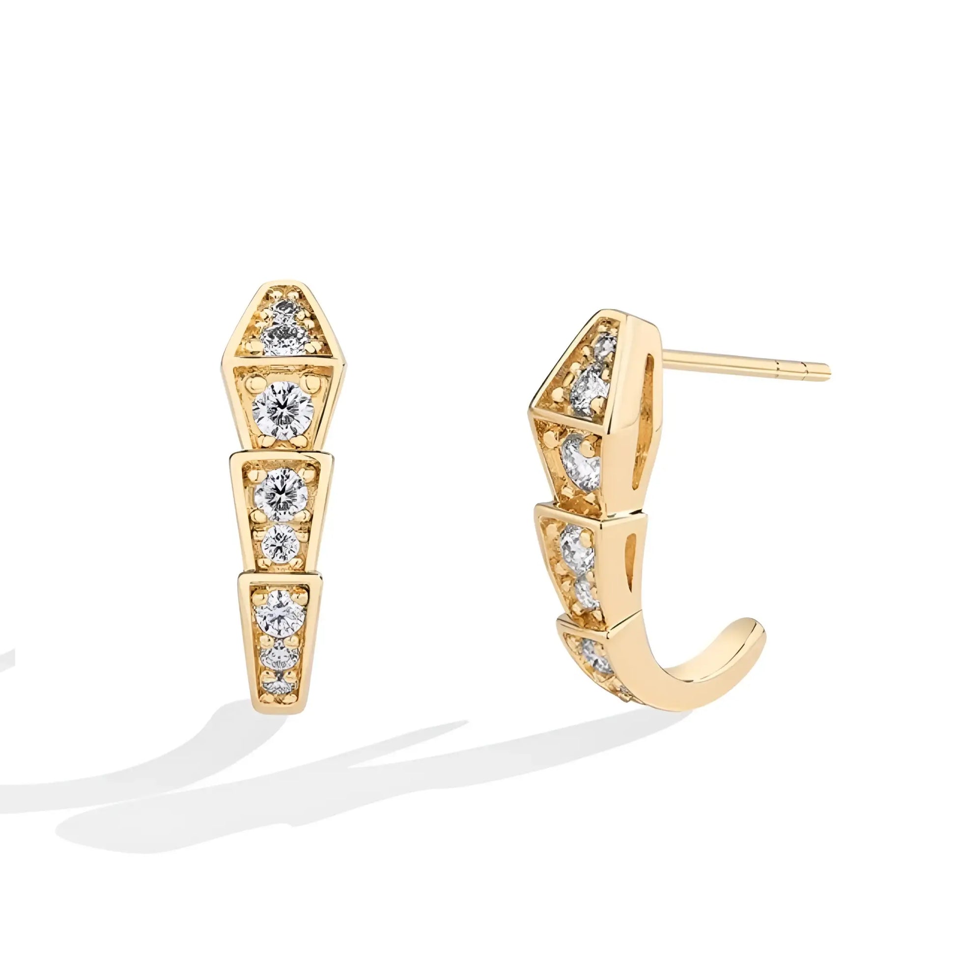 Pair of 18k gold plated sterling silver moissanite snake stud earrings with segmented geometric design and luminous white stones – Sensitive Stones