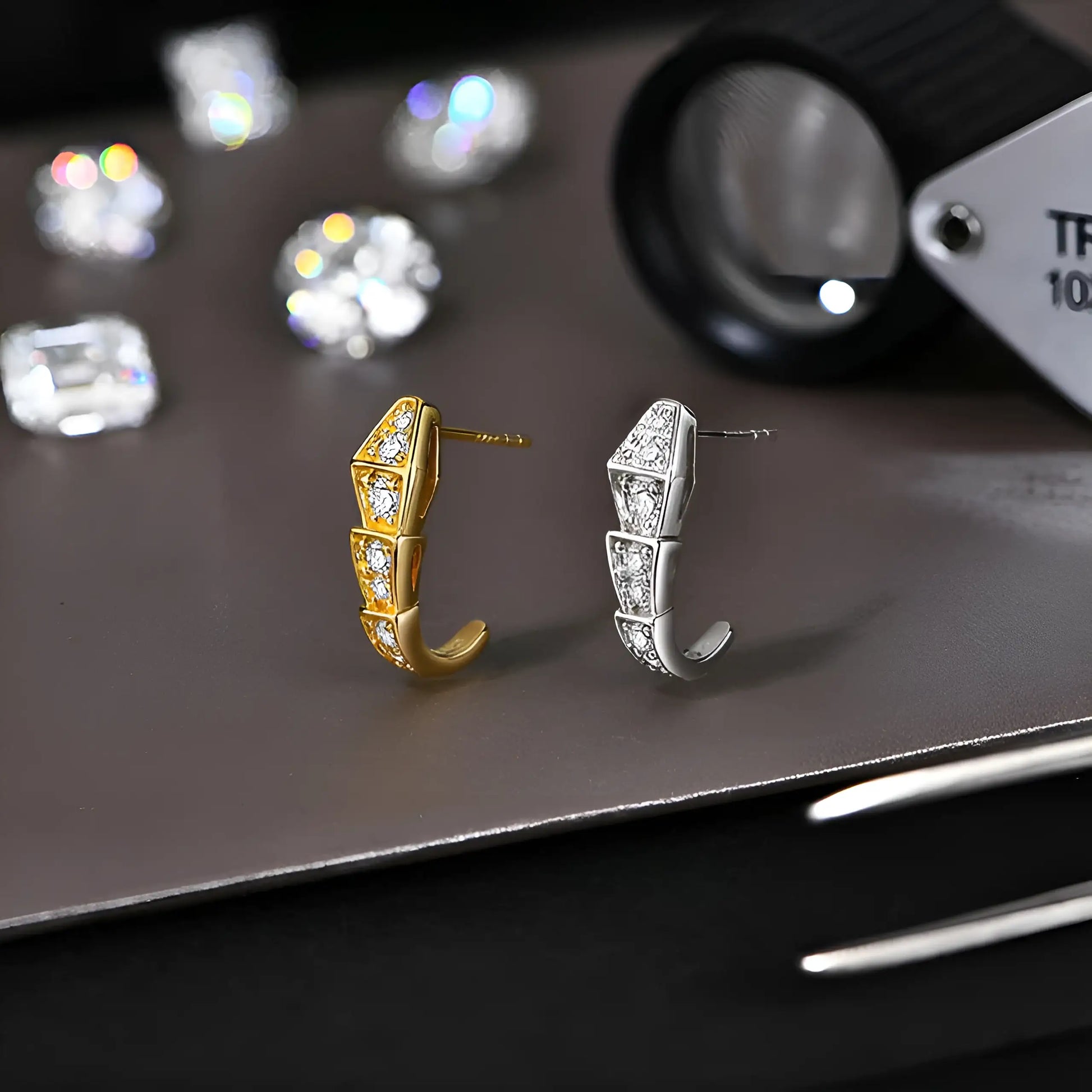 Moissanite snake stud earring in sterling silver and yellow gold and white gold plating with diamond-like brilliance, elegant quiet luxury design – Sensitive Stones