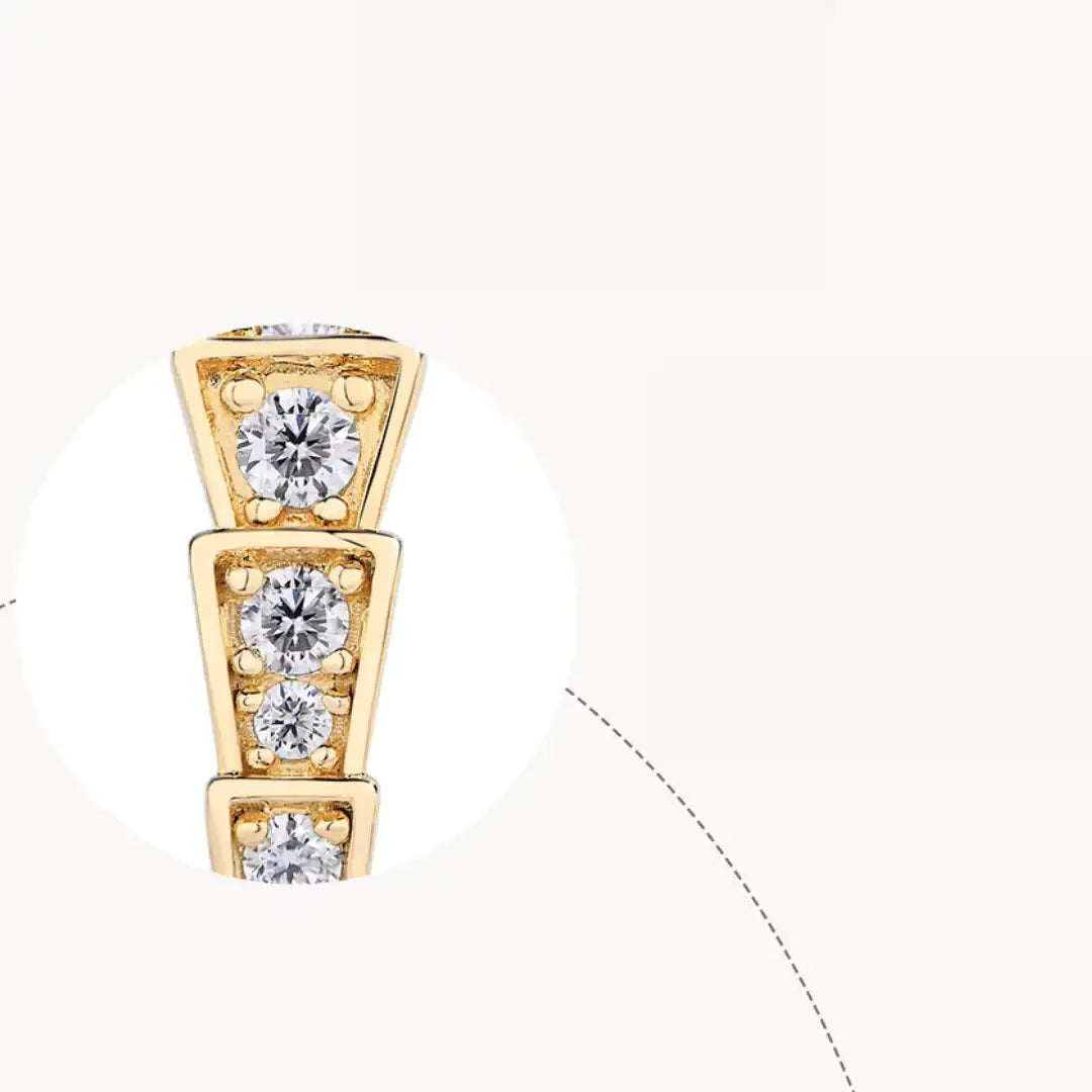 Yellow gold plated sterling silver moissanite snake stud earring detailed view showing round white moissanite in geometric spine setting – Sensitive Stones