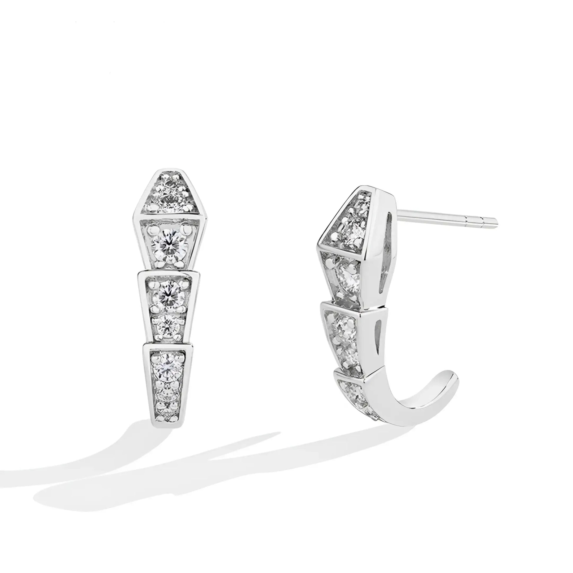 Pair of white gold plated sterling silver moissanite snake stud earrings with segmented geometric design and luminous white stones – Sensitive Stones