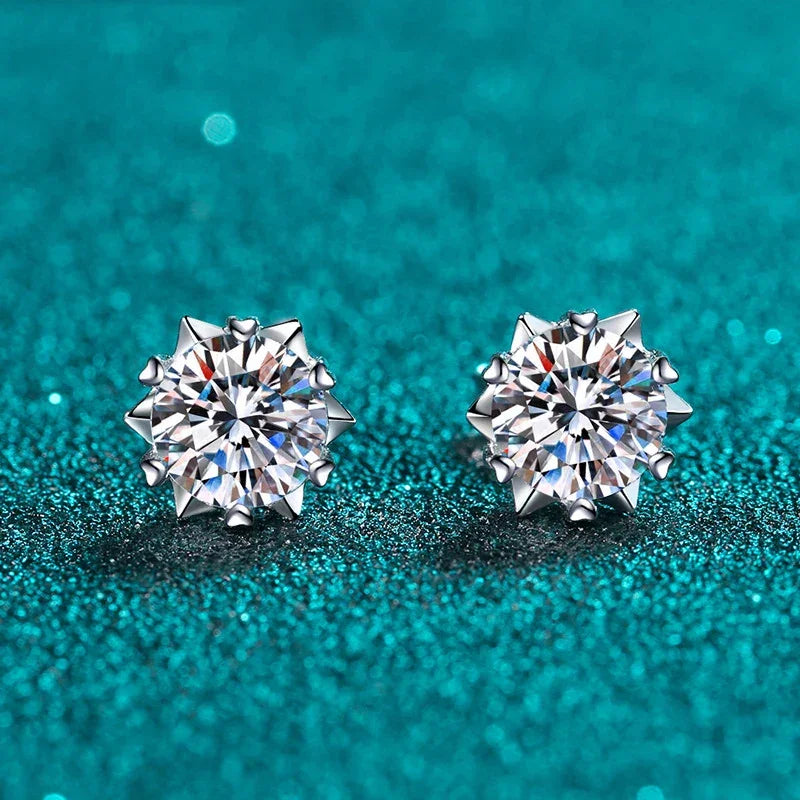 Close-up of moissanite snowflake earrings with 18K white gold plating - Sensitive Stones