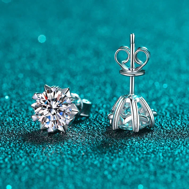GRA certified moissanite snowflake earrings shown front and back on white gold plated silver - Sensitive Stones