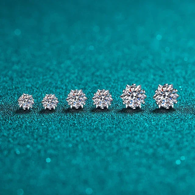 Moissanite snowflake earrings in different sizes – 4mm (0.3 ct each), 5mm (0.5 ct each) and 6.5mm (1 ct each) - Sensitive Stones