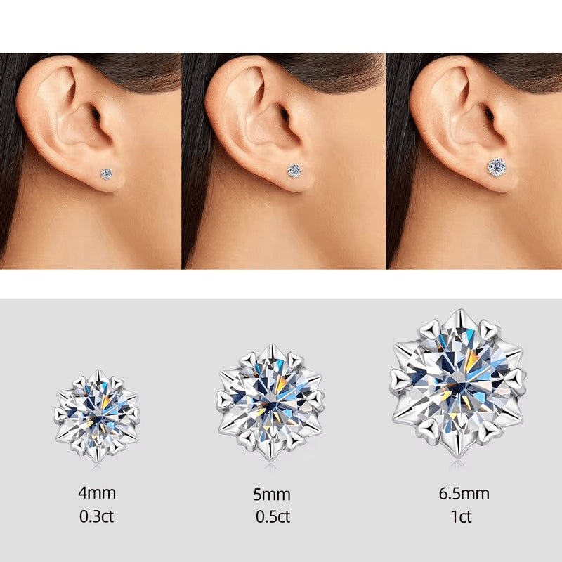Size comparison chart of snowflake moissanite stud earrings, displaying 4mm, 5mm, and 6.5mm round stones on ear models - Sensitive Stones