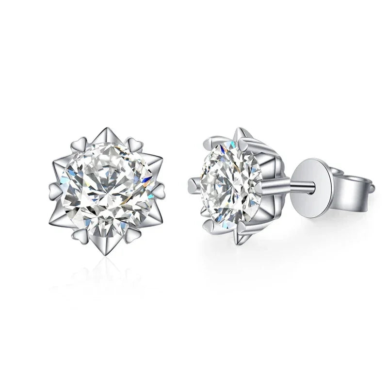 Rendered image of moissanite snowflake stud earrings with prong setting - Sensitive Stones