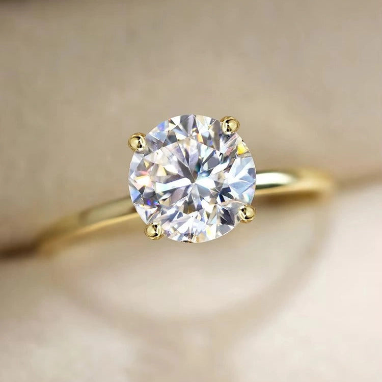 14K gold filled moissanite solitaire engagement ring set 4-prong presented in ring box with beige velvet interior - Sensitive Stones 